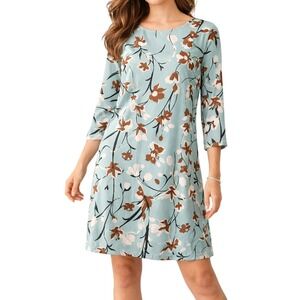 Adele Altman Roma Women Aqua Floral Shift Dress 3/4 Sleeve Size L